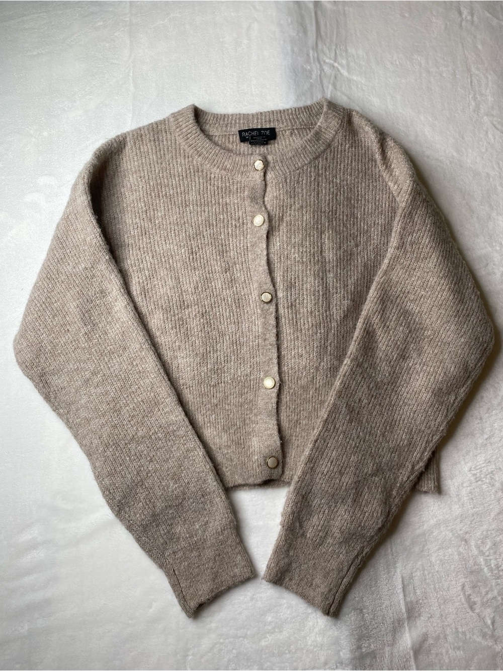 Rachel Zoe Women’s Neutral Taupe Crewneck Button-Front Cardigan Size L